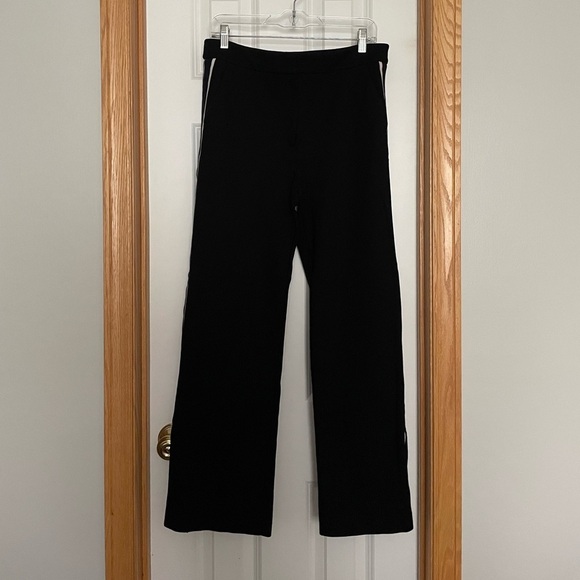 Boden Black Wide Leg Trousers Navy and White Stripe Zip Ankle Size 12 - Picture 1 of 9